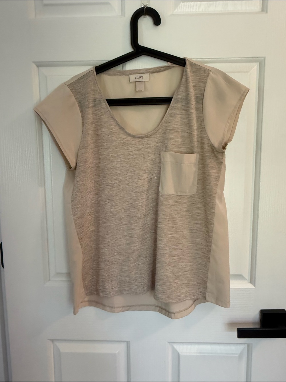 LOFT Cream and Light Gray Mixed-Media Cap Sleeve Top